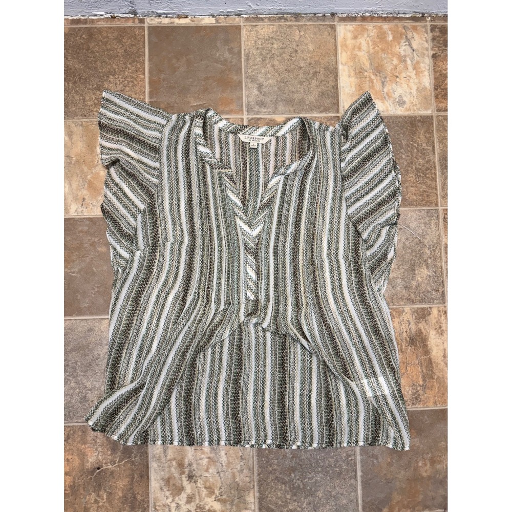 Liverpool Los Angeles Flutter Sleeve Striped V-Neck Blouse Olive Tan Small